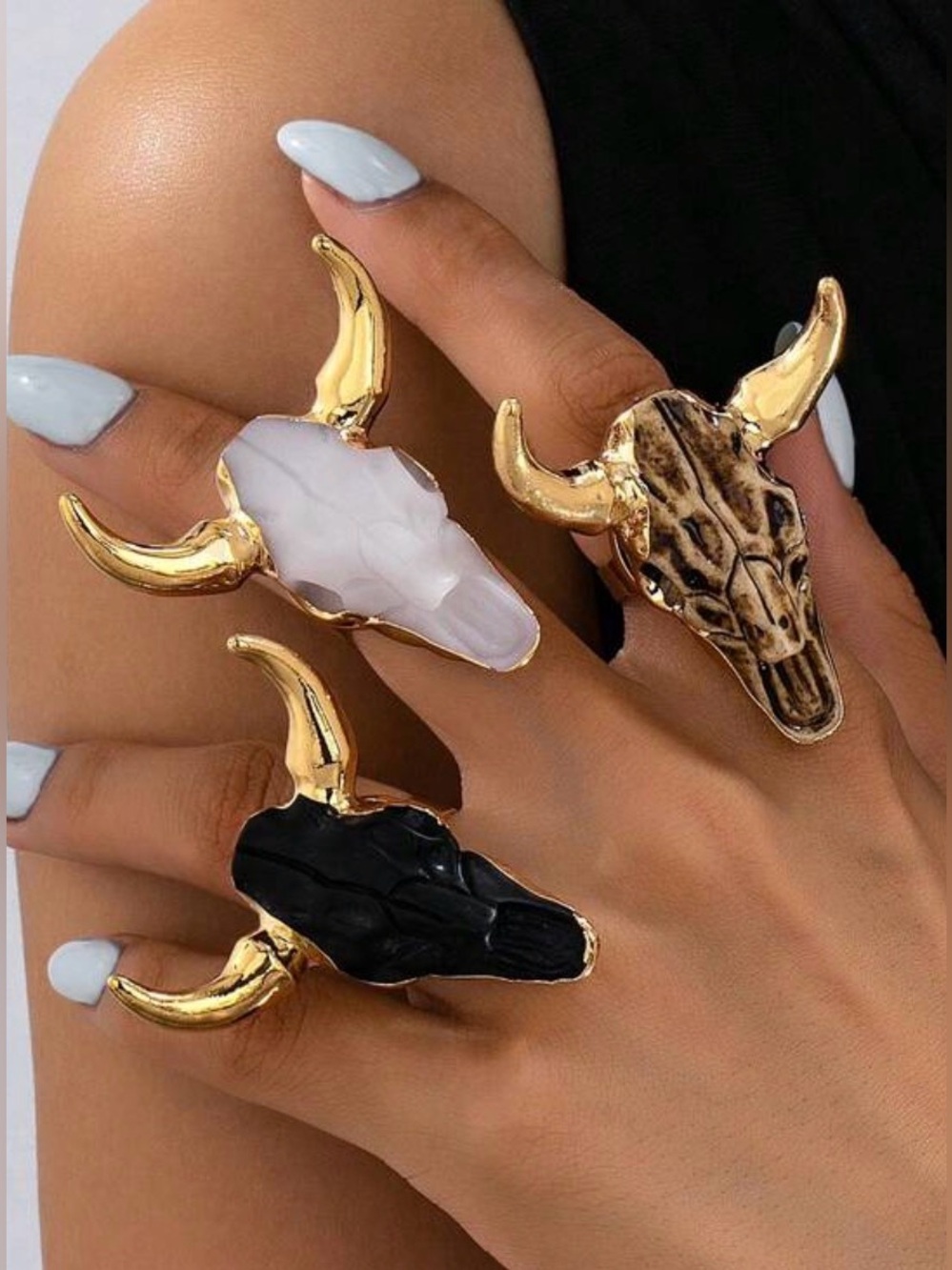 Western Ring Gold Bull Skull Statement Ring in Black, White or Brown Inlay